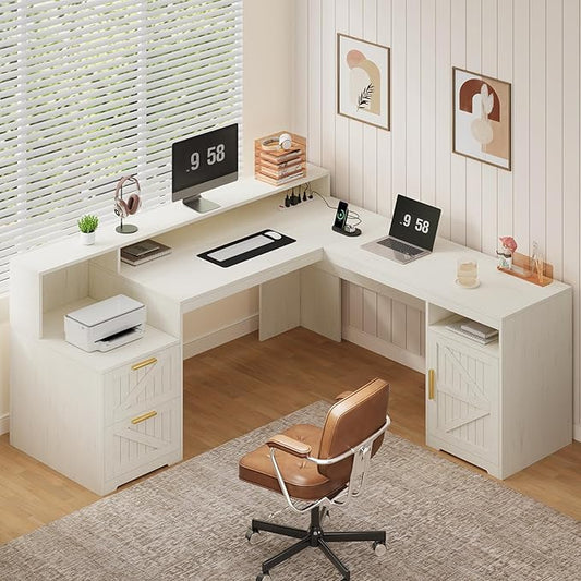 63 Farmhouse L Shaped Executive Desk with Drawers &amp Storage Shelf Corner Computer Desk with Power Outlets L Shaped Office Desk with Monitor Stand Printer Shelf White