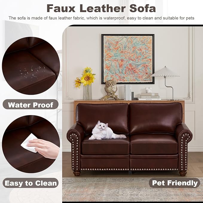 2 Piece Faux Leather Sofa SetModern Chair and Loveseat Sets with StorageMid Century Couch with Rivet Rolled ArmComfy Deep Seat SofaFurniture for Living RoomOffice(Armchair+LoveseatBurgundy)
