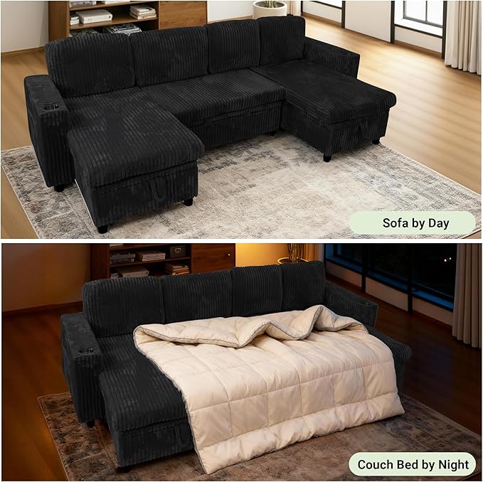 Sectional Sleeper Sofa with Pull Out Bed Storage Chaise Sectional Couches for Living Room Black Corduroy Couch with Storage Pull Out Bed 2 Cup Holders &amp USB Charging Ports Black