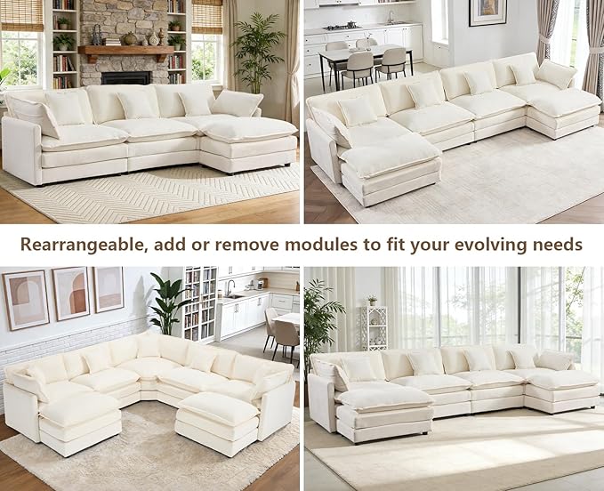 Oversized Modular Sectional Sofa Large U Shaped Couch with Deep Seat Chenille Cloud Couches for Living Room Convertible 6 Seater Sectional Sofa for Spacious Space Beige White