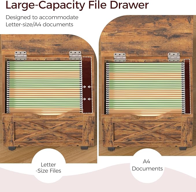 Rolling Filing Cabinet Small File Cabinet Under Desk with Single Drawer Hanging File Organizer for A4/Letter-Size Documents Organizer Box for Home Office Rustic Brown FCRB4001