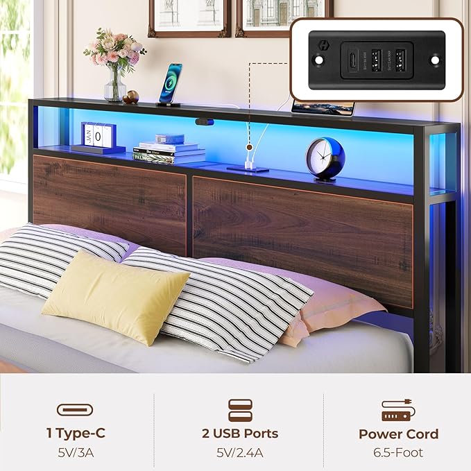 Rolanstar Twin Bed Frame with 4 Storage Drawers &amp 2-Tier Storage Headboard Metal Platform Bed Frame with Charging Station &amp LED Lights Noise-Free No Box Spring Needed Easy Assembly Espres