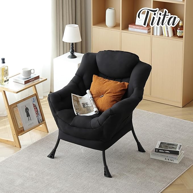 Tiita Lazy Chair Black Modern Large Accent Armchair Comfy Leisure Sofa Reading Chair for Bedroom Living Room Dorm Rooms Garden and Courtyard Black