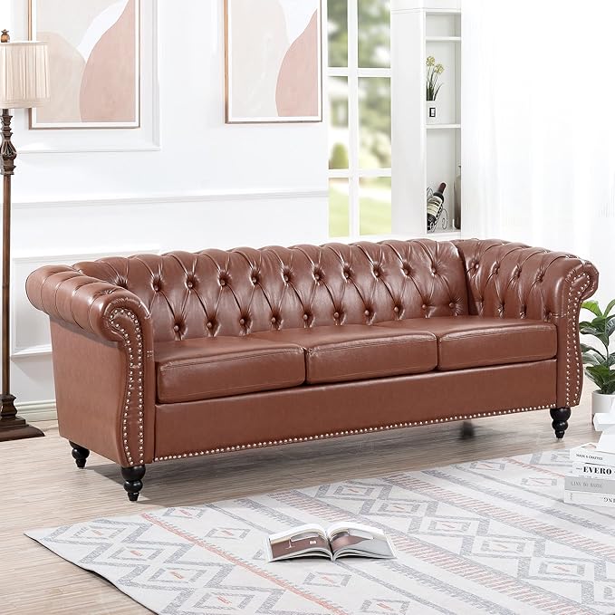 84.65''Chesterfield Sofa Mid Century Modern Tufted Sofas with Rolled Arms and Nailhead 3-Seat Upholstered Leather Sofa Couch with Solid Wood Legs for Living Room Office Brown PU