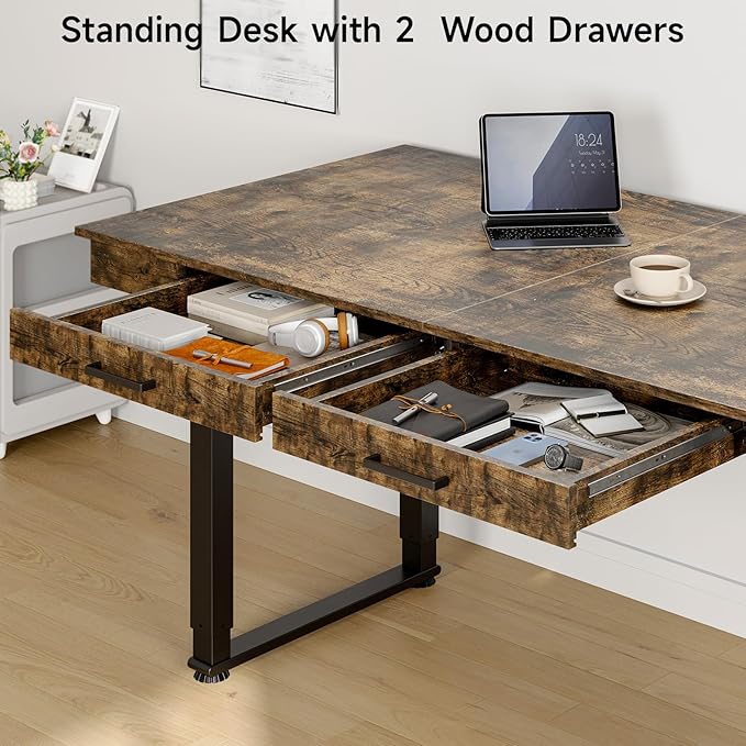 ONBRILL Standing Desk with Drawers 63x26 Inches Rectangle Electric Stand Up Desk with Dual Motor Adjustable Height from 28-46 Inch for Home &amp Office Rustic Brown