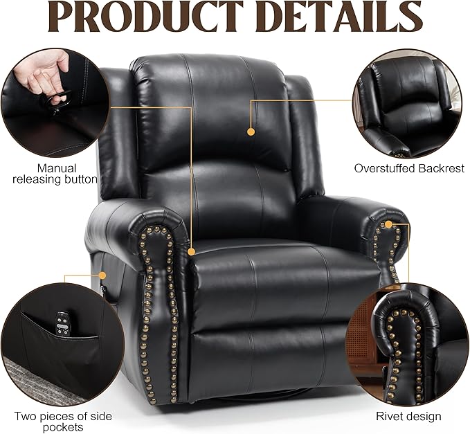 Leather Manual 360° Swivel Rocker Recliner for Adults Gulider Reclining Chair for Living Room with Vibration Massage and Lumbar Heat Side Pockets Faux Leather Black