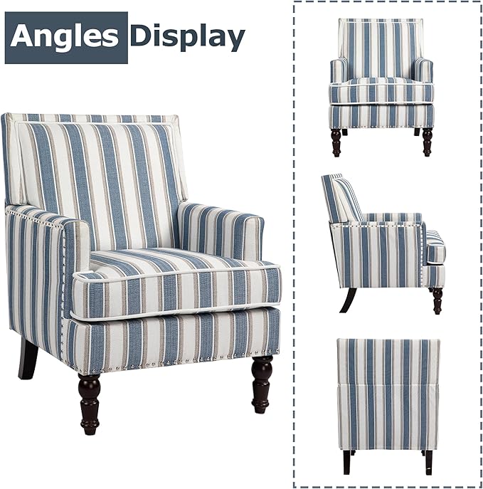 Accent Chair Modern Comfy Mid-Century Accent ChairsLinen Upholstered Lounge Arm Chair with Solid Wood Reading Side Padded Single Sofa for Living Room/Office/Balcony/Bedroom-Blue Stripe
