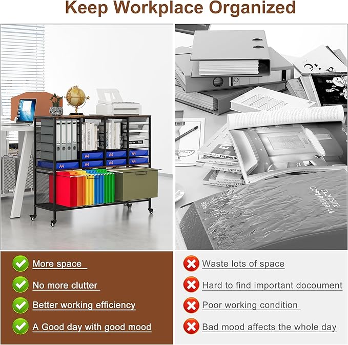 EasyPAG Rolling File Cart with 24 Slot Mail Organizer Under Desk Storage with Hanging File Rack for Letter/Legal Folders Mobile Filing Cabinet Printer Stand for Office Home Classroom Black