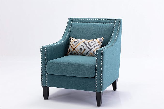 Accent Armchair Living Room Chair with Nailheads and Solid Wood Legs Teal Linen