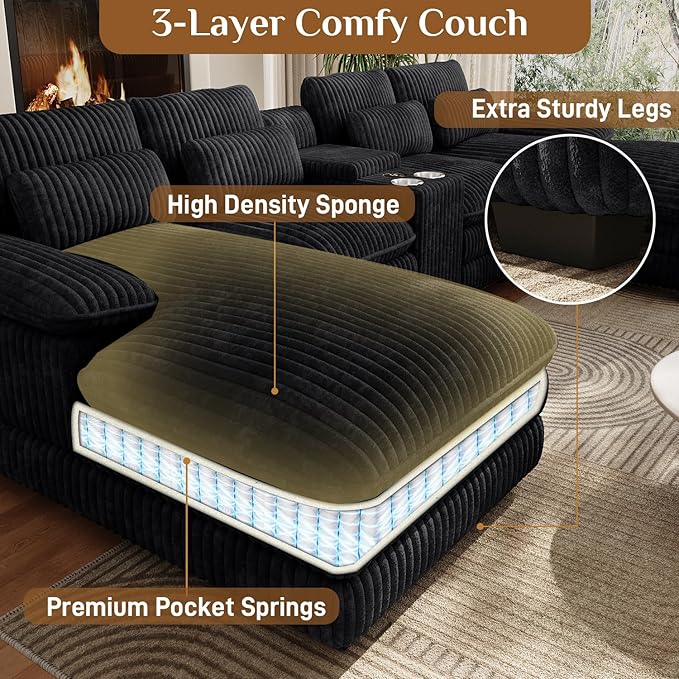 133 Oversized U Shaped Cloud Couch Modular Sectional Couches for Living Room Comfy Corduroy Deep Seat Sofa Set with Double Chaise Lounge Storage Central Console Cup Holders USB Port Black