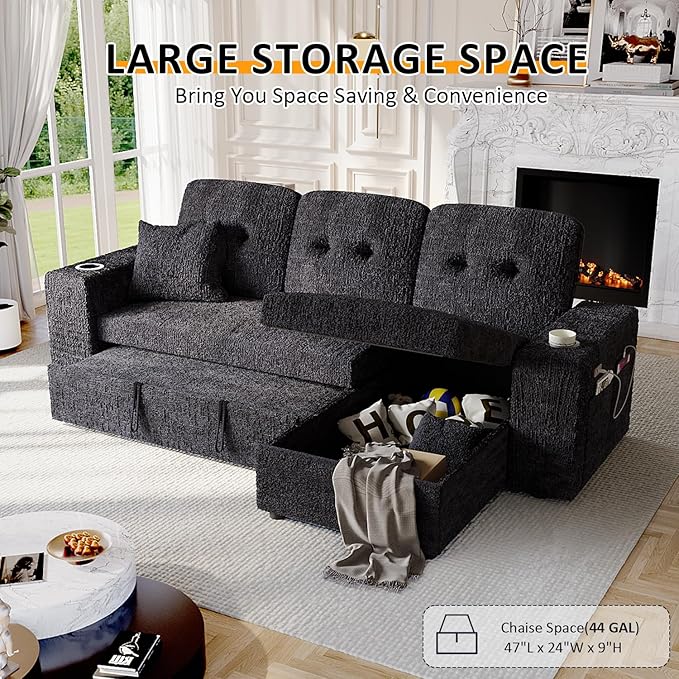 90 Inch Sleeper Sofa Bed 4 in 1 Pull Out Couch Bed with Adjustable Backrest | Reversible Storage Chaise | Wide Armrest | Tool Free Assembly Sectional Couches for Living Room Black Chenille