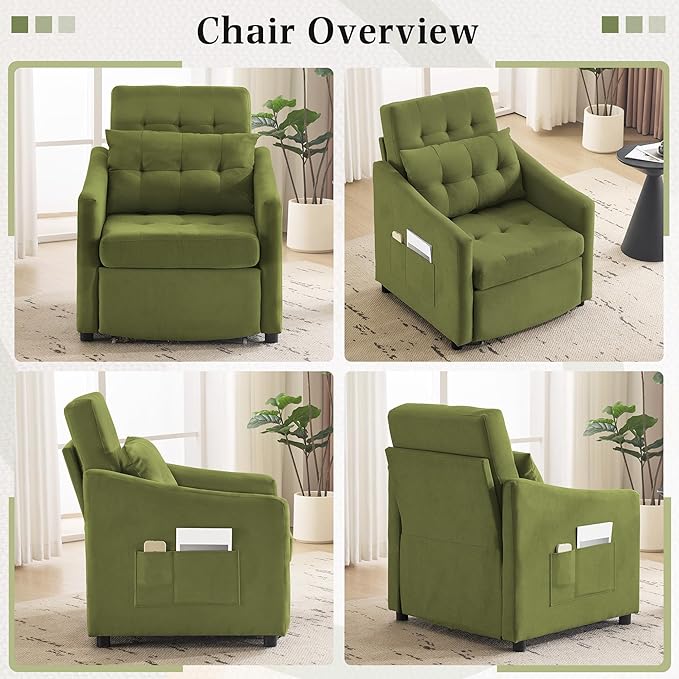 Bezseller Convertible Sofa Bed Chair 3-in-1 Sleeper Chair with Storage Drawer Pull Out Couch with Side Pocket Pillow and Adjustable Backrest for Small Spaces Living Room Green
