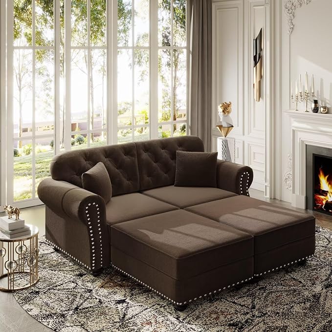 63 Velvet Chesterfield Sofa with Rolled Arms &amp Nailhead Trim Tufted Mid-Century Modern Couch for Living Room Includes 2 Pillows Brown Upholstered Sectional Sofa with 2 Ottomans
