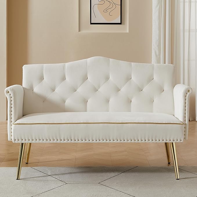 Velvet Loveseat SofaSmall 2 Seater Couch with Nailhead Trim and Side Pockets for Living Room Apartment (Cream White)