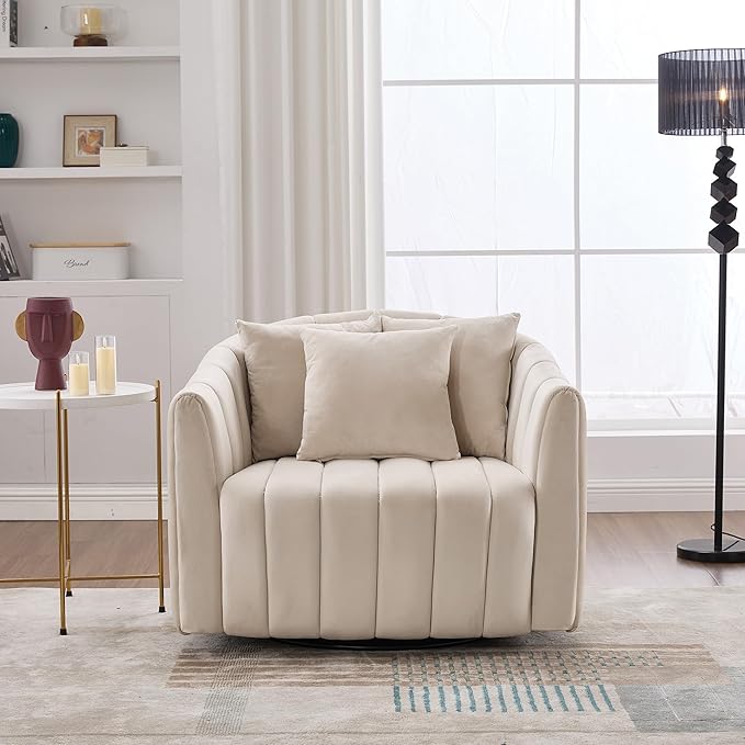 360° Swivel Barrel Chair with Curved Backrest 40 W Velvet Armchair with 3 Soft Pillows Accent Lounge Chair with Channel Tufted Design for Living Room Bedroom Studio Beige