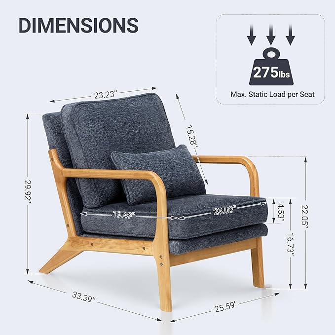 COLAMY Mid Century Modern Accent Chair with Lumbar Pillow Relaxing Armchair with Solid Wood Frame &amp Soft Cushion Reading Leisure Chair for Living RoomBedroomWaiting Room（Blue）