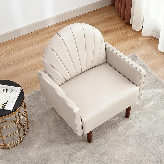 Mid-Century Accent Chair Faux Leather Armchair - Shell-Shaped Back Waterproof PU Leather Modern Retro Lounge Chair for Living Room Office Bedroom &amp Waiting Room