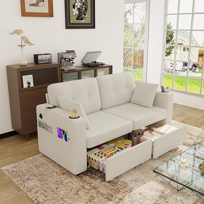 67 Small Loveseat Couch with Storage USB Charging and Cup Holder Space Saving Furniture Modern Chenille Love Seat Sofa Small Couches for Small Spaces Bedroom Apartment Beige