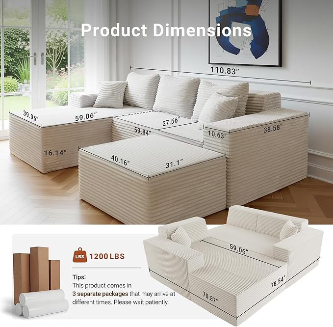 Claiks 110 Boneless Couch Cloud Couch Sectional U-Shape Corduroy Modular Sectional Sofa Deep Seat Upholstered Couches for Living Room No Assembly Required Beige