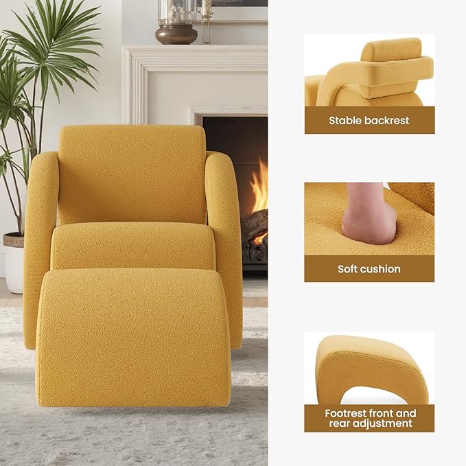 Soohow Upholstered Armchair with Ottoman – Plush Bouclé Fabric Curved Seat &amp Sled-Base Lounge Chair for Living Room Bedroom Study