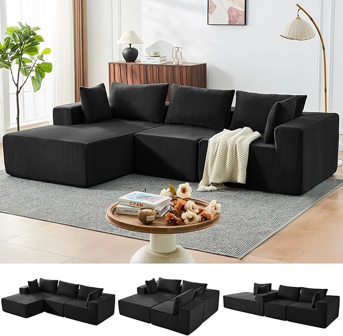 109 Cloud Sectional Couch Boneless Couches for Living Room Modular Sectional Sofa with Deep Seat L-Shape Couch with Chaise Comfy Corduroy Fluffy Modern Modular Sofa No Assembly Required Black