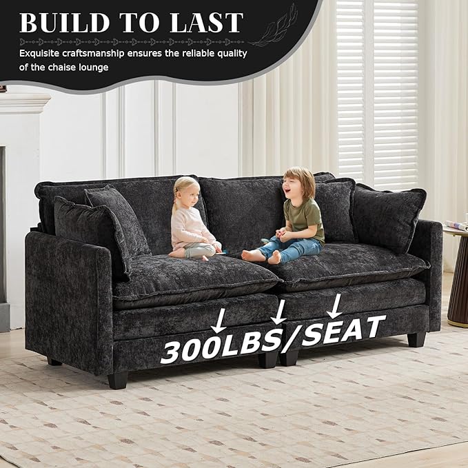 SoarFlash 113.78 Chenille Sectional Sofa Comfy L Shaped Modular Coush Sofa with Ottoman Modern 4 Seat Couch Deep Seat Sofa Set for Living RoomBlack
