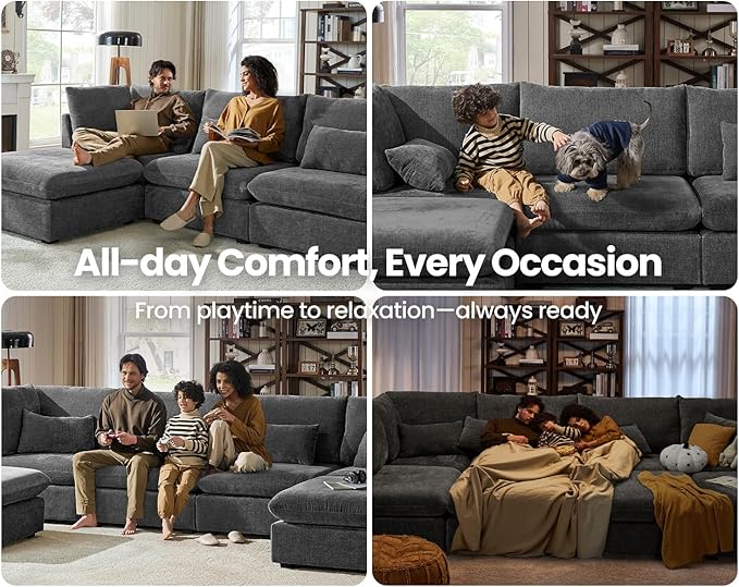CHIC HOUSE Module for Modular Oversized Couch Corduroy Customizable Chaise Chenille Fabric Ottoman for Sectional Sofa Upholstered Convertible Seater Corner (Single Seater Chenille-Grey)