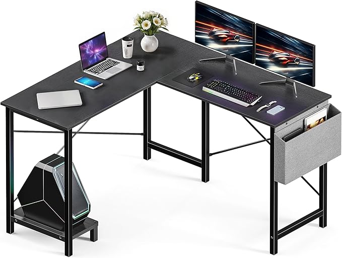 50 Inches L Shaped Home Office Computer Desk Reversible Corner Table PC with Wood Tabletop Metal Frame CPU Stand Side Bag for Gaming Working and Studying Black