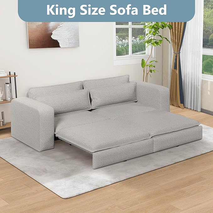 93 King Size Sofa Bed 3 in 1 Convertible Pull Out Couch Loveseat Sleeper Comfy Upholstered Teddy Sofa 3 Seater Chaise Lounge with 2 Pillows Modern Couch Bed for Living Room Grey