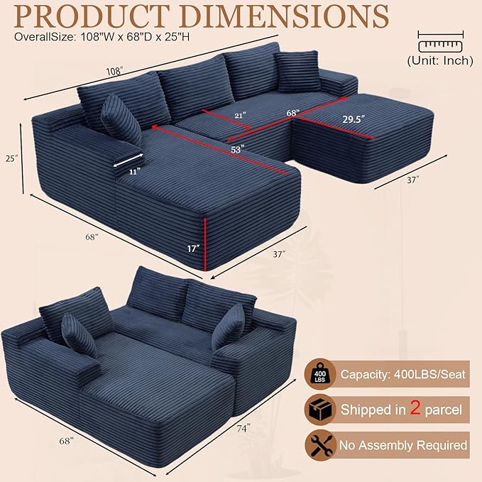 108 Cloud Modular Sectional Couch with Moveable Ottoman Modern Minimalist Upholstered Boneless Couch Deep Seat Corduroy Corner Couches (Blue 108 Left Facing Chaise + Ottoman)