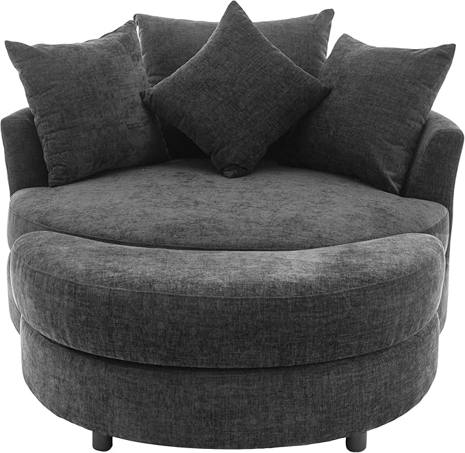 ERYE Oversized Round Accent Barrel Chair with Storage Ottoman and 360 Swivel Base Modern Chenille Upholstered Leisure Recliner Armchair for Living Room Bedroom
