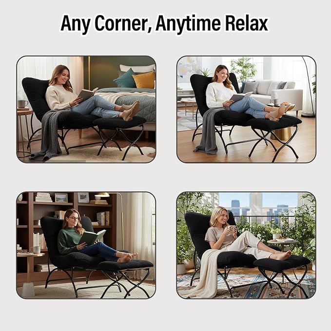Tiita Accent Lazy Chair with Ottoman Comfy Lounge Chair with Metal Frame and Plush Fabric Thick Cushion Seated Cozy Recliner Chair for Reading Room Living Room Bedroom Office Black