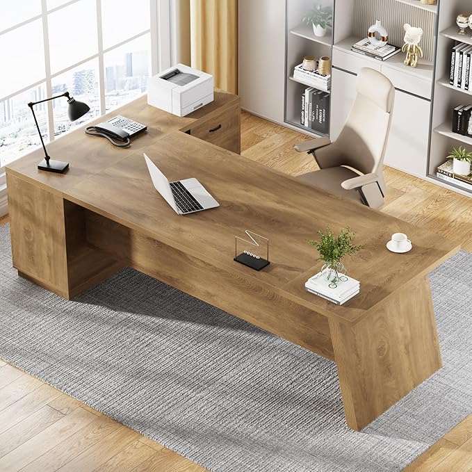 Tribesigns 78 L-Shaped Executive Desk Large Modern Office Desk with Drawers and Lateral File Cabinet Business Furniture with Storage Shelves Big Computer Table for Home Office (Brown)