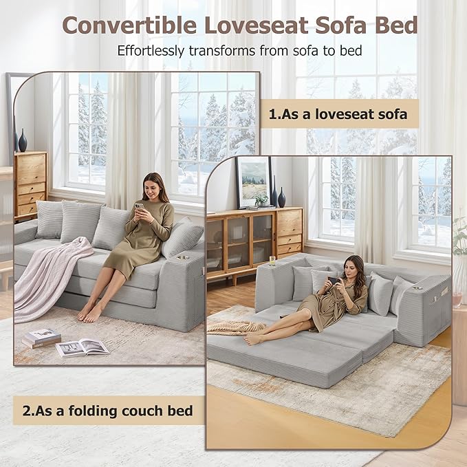 82 Oversized Loveseat Pull Out Sofa 2 in1 Convertible Loveseat Sofa with Pillows Corduroy Folding Couch Bed with Deep Seat Boneless Couch for Small Room No Assembly Required Light Grey
