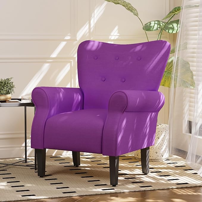 MELLCOM Fabric Living Room Chair Modern Upholstered Accent Chair with Solid Wood Legs and High Back Single Sofa Club Chair for Living Room Bedroom and Home Office Purple