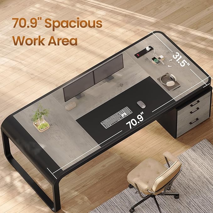 Itaar 70.9 Executive Desk Large Computer Desk with Drawers and Lateral File Cabinet Office Desk with Removable Shelves Business Furniture Desk Workstation for Home Office Gray