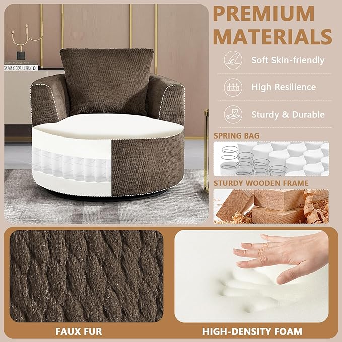 mikibama 39.4 W Swivel Round Chair Oversized Upholstered Sofa 360 Degree Swivel Barrel Chair Corduroy Comfy Deep Seat Sofa Chair for Living Room Bedroom Apartment