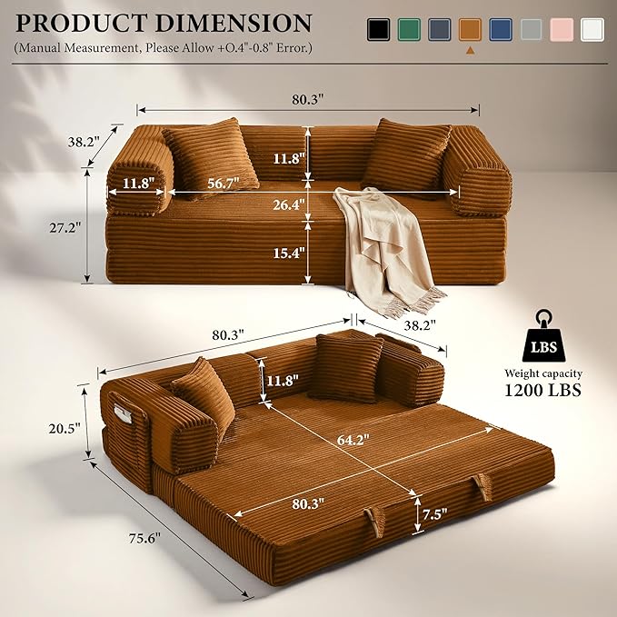Boneless Couch Folding Couches for Living Room Sofa Futon Sofa Bed with Sleeper Sofa Futon Couch with Fixed-Shape Oversized Corduroy Upholstered (Orange 81 Inches)