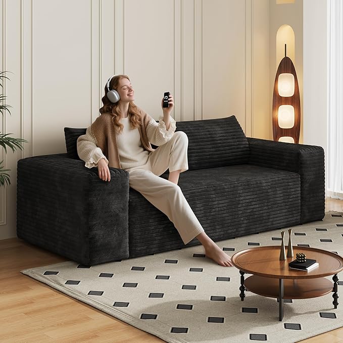Boneless Cloud Loveseat Couch No Assembly Required Sofa in a Box 63/71 2 Seater Corduroy Compression Couch for Living Room Bedroom Apartment (Black 78.8) | Comfortable