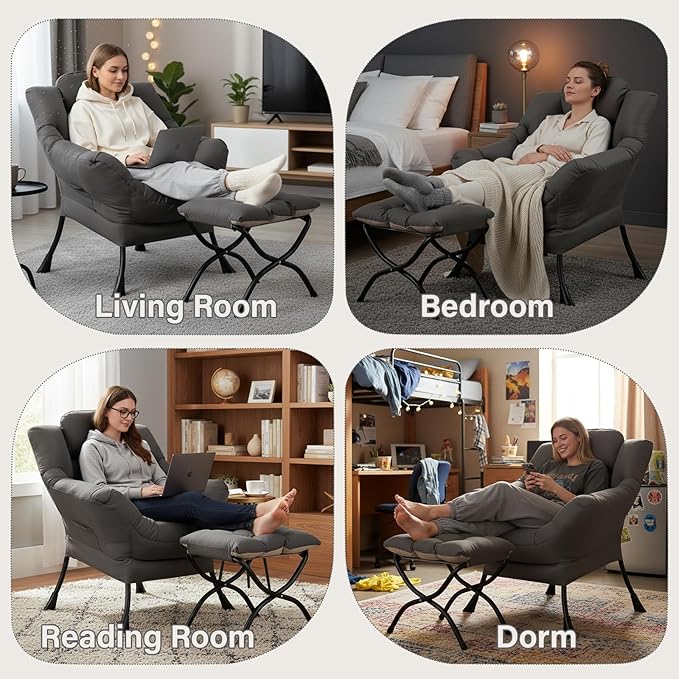 Lazy Chair with Ottoman Modern Accent Lounge Armchair with Armrests and a Side Pocket &amp Foldable Footstool Leisure Reading Chair for Living Room Bedroom Dorm &amp Office Dark Grey