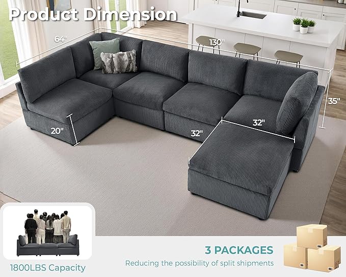 Jocisland Oversized Modular Sectional Sofa with 32 Deep Seat 6 Seater Sectional Couch Modular Sofa for Living Rooms Tool-Free Assembly Flexible Modular Couch Layout-Corduroy Gray