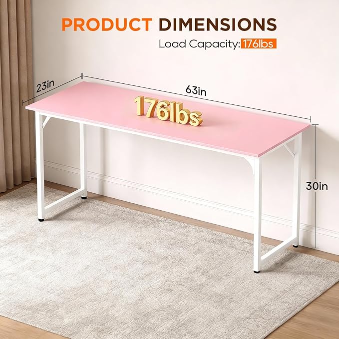 Bigacc Computer Desk Office Desk with Metal Frame Adjustable Feet | Water-Resistant Scratchproof Surface | Sturdy Writing Table for Home Office or Study (Pink 63 Inch)