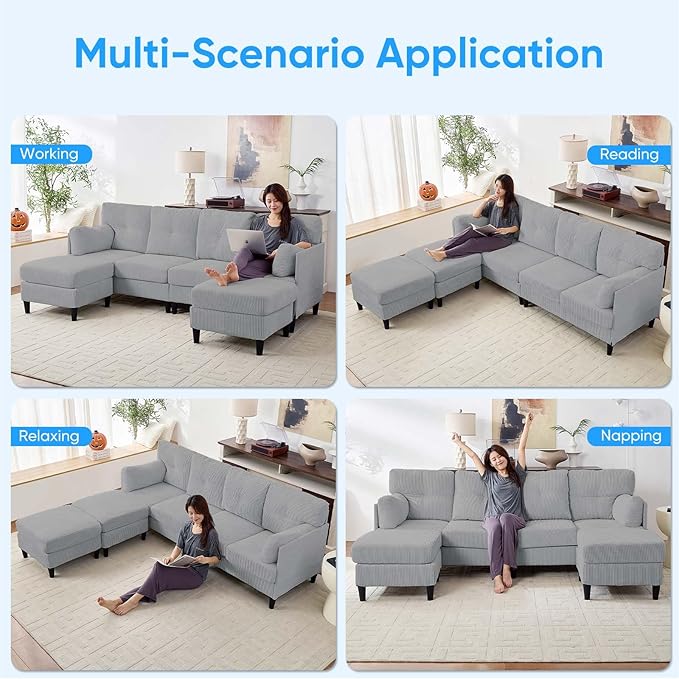 Mjkone Sectional Couch Sofa with Ottoman U Shape Sofa for Living Room Corduroy Convertrible Couches with Double Chaises 6 Seater Sofas for Living Room/Home Office/Guest (Light Grey)