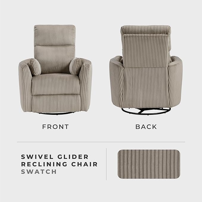 Lexicon Modern Swivel Glider Recliner Chair Nursery Glider Corduroy Fabric Upholstery Recliner with 2 Lumbar Pillows Manual Reclining Sofa Chair for Living Room/Office/Apartment Taupe