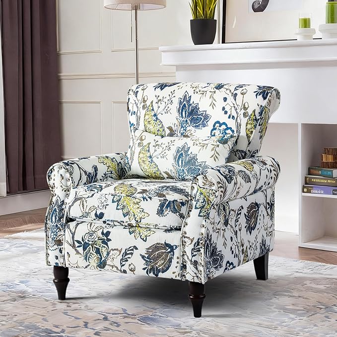 Floral Accent Chair with Lumbar Pillow Retro Wingback Armchair with Nailhead Trim &amp Rolled Arms Modern Linen Fabric Upholstered Recliner for Living Room Bedroom Reading Chair Easy Assembly