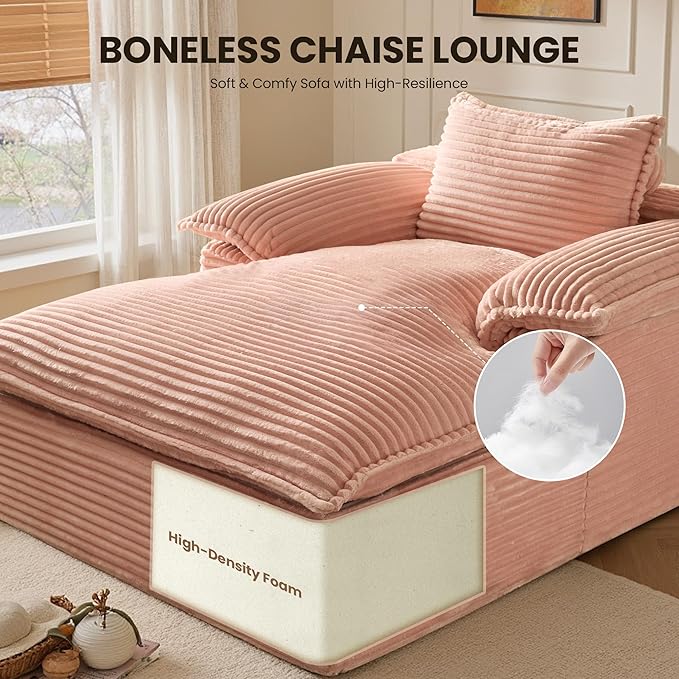 Chaise Lounge Chair Indoor Oversized Sleeping Couch 67L *53W Assembly Free Modern Minimalist Sofa With Comfy Curved Armrest Extra Deep Large Single Sofa for Living Room(Pink Plush Fabric)