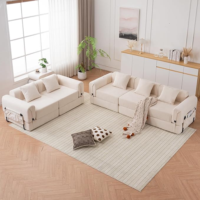 Cloud Modular Sectional Sofa Foldable Floor Couch Bed Convertible Sleeper Sofa Bed Fold Out Boneless Couches for Living Room Office Guest Room Apartment (Loveseat Beige)