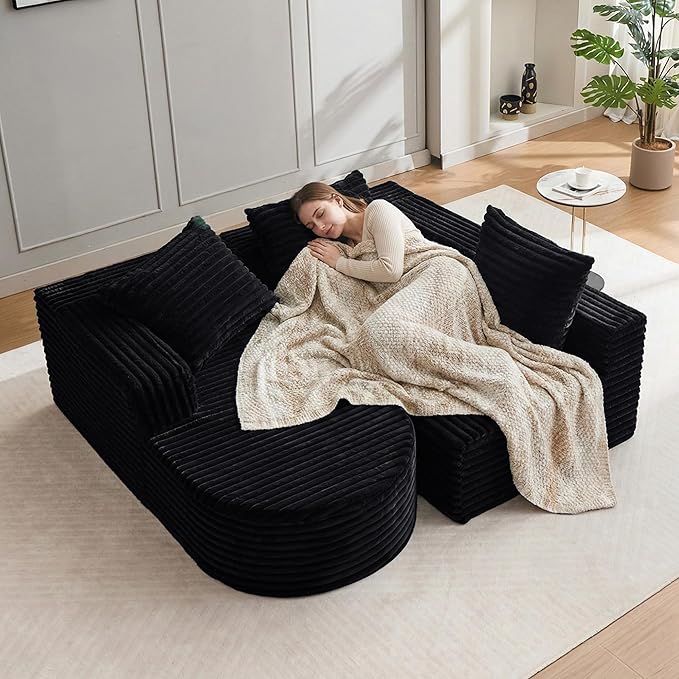 Boneless Cloud Couch Modular Sectional Sofa L-Shape with Chaise 102 Soft Faux Fur Deep Seat &amp 3 Pillows &amp 2 Side Pockets for Living Room Bedroom (Black Left Chaise)