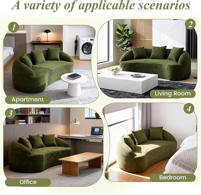 65.75 Curved Loveseat SofaBoneless Loveseat Couch11.02 Raised BackrestDeep SeatWood Grain Chenille Fabric Curved Sofa Couch for Small Spaces (Green65.75)