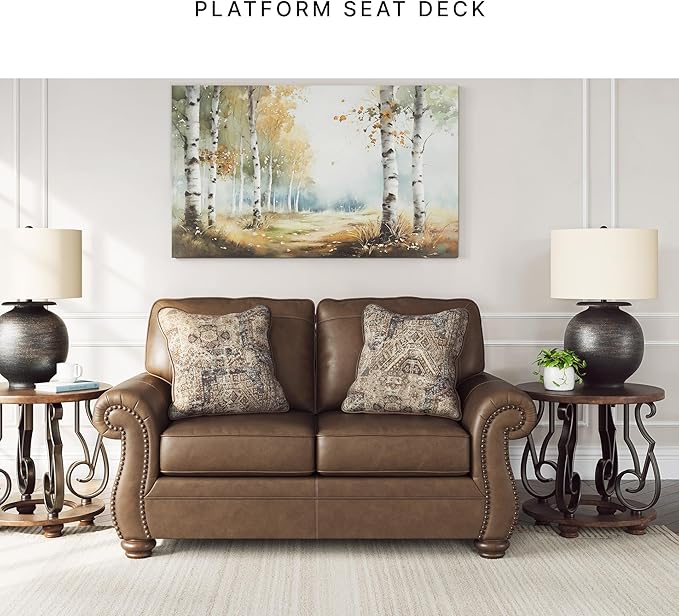 Signature Design by Ashley Shadsburne Rustic Faux Leather Loveseat with Nailhead Trim and 2 Throw Pillows Brown